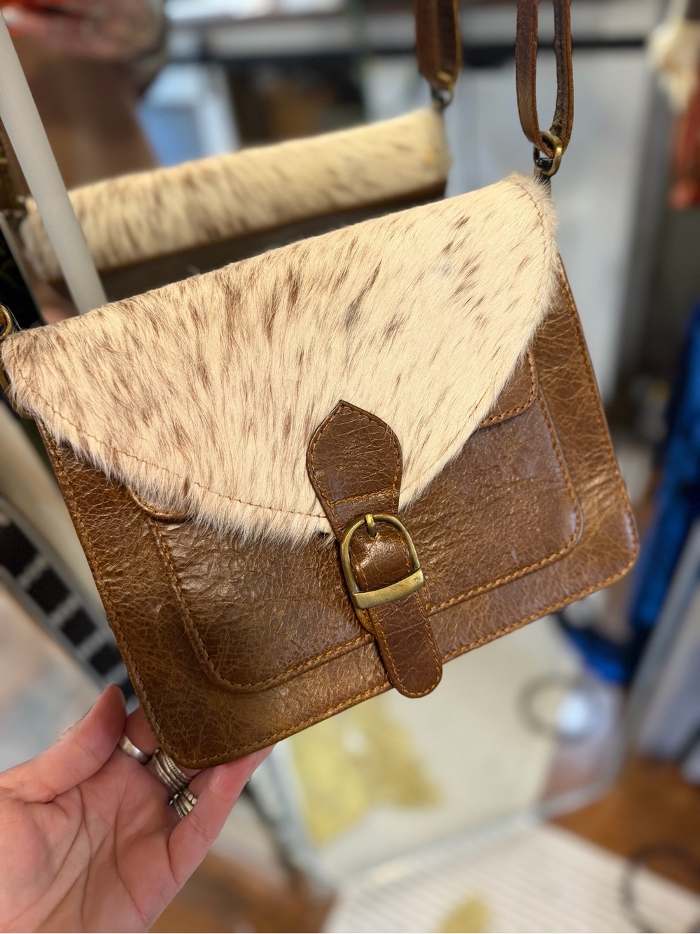 Brown Leather & Cream Cowhide Crossbody Bag